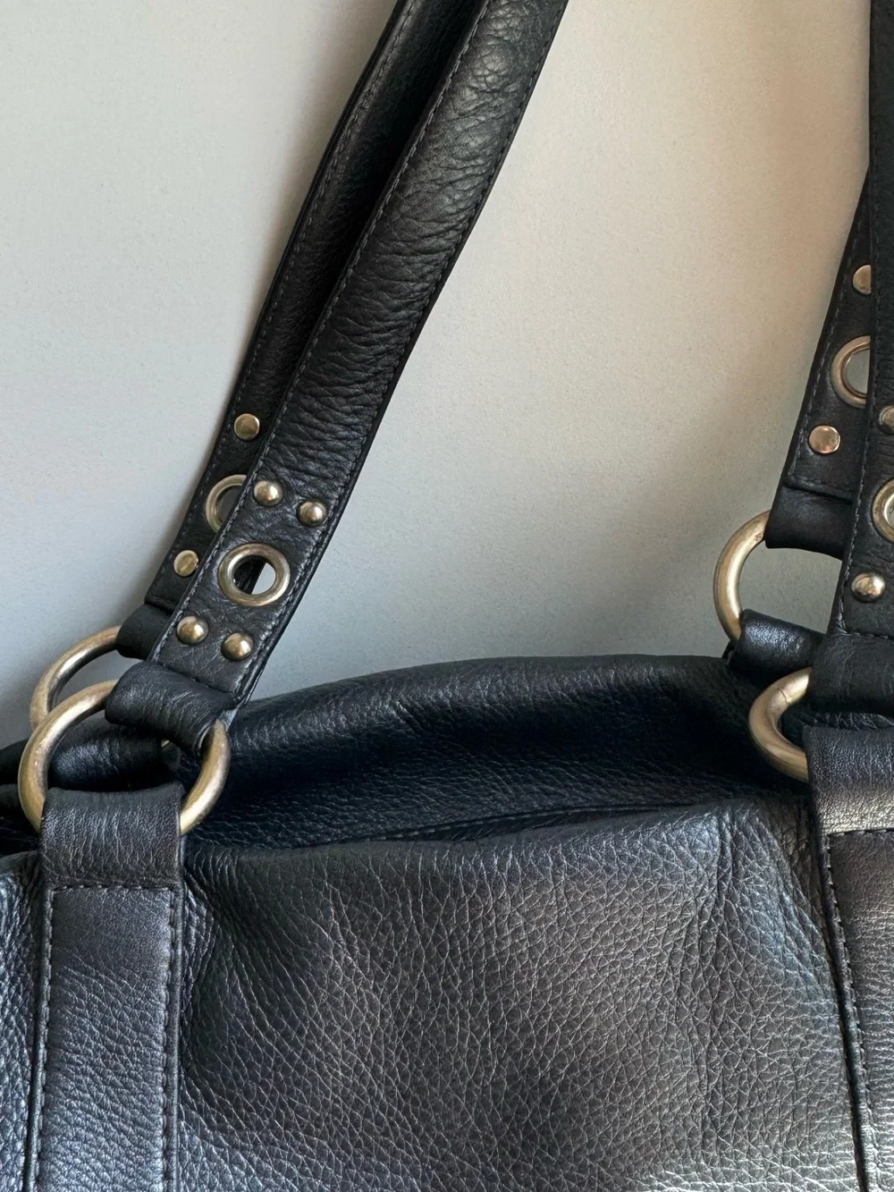 HOBO International Black Leather Satchel Grommet Studded Shoulder Bag Boho Y2K